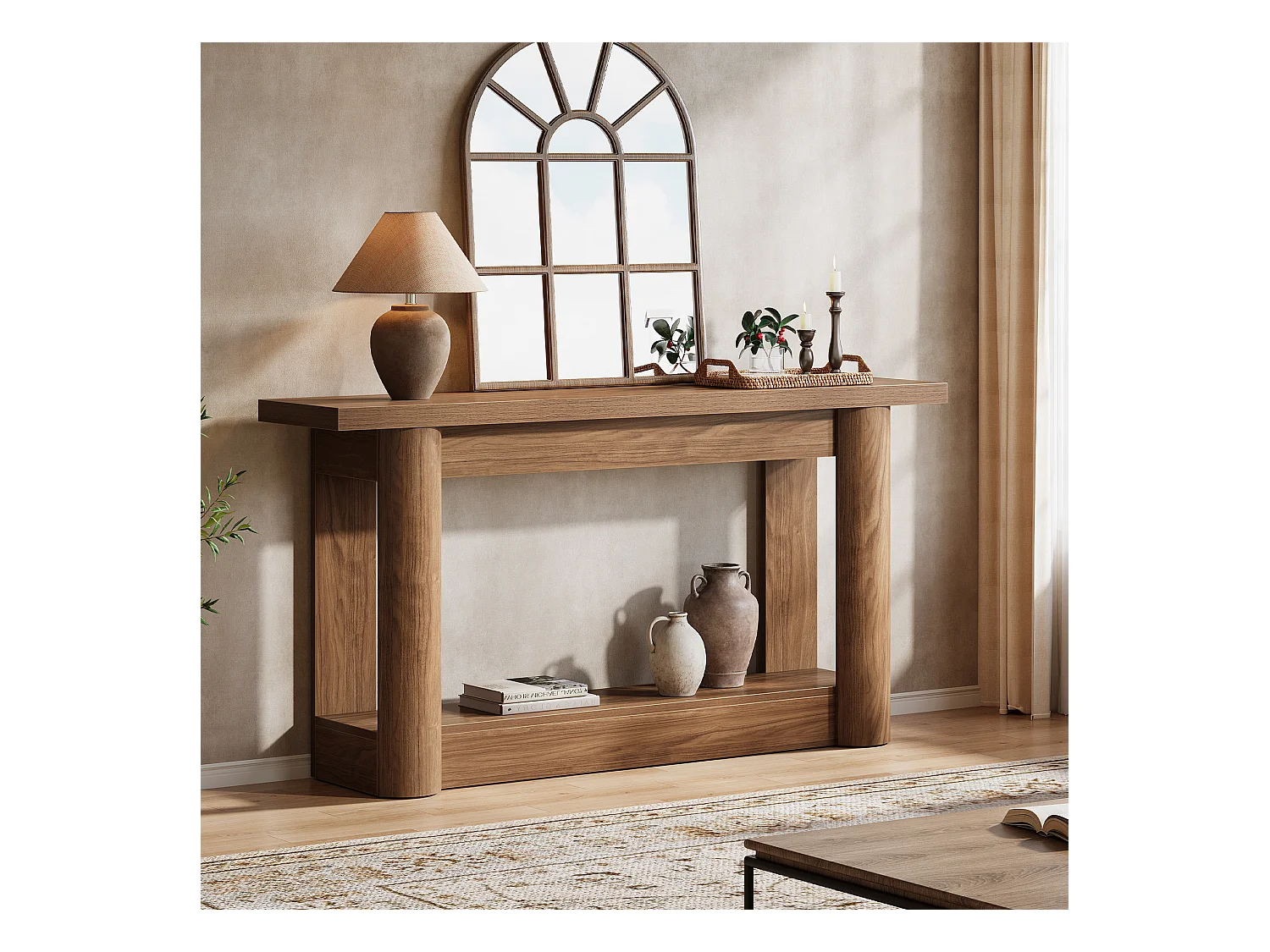 Table console de 160 cm, 2 niveaux de long, table de couloir avec rangement, marron rustique