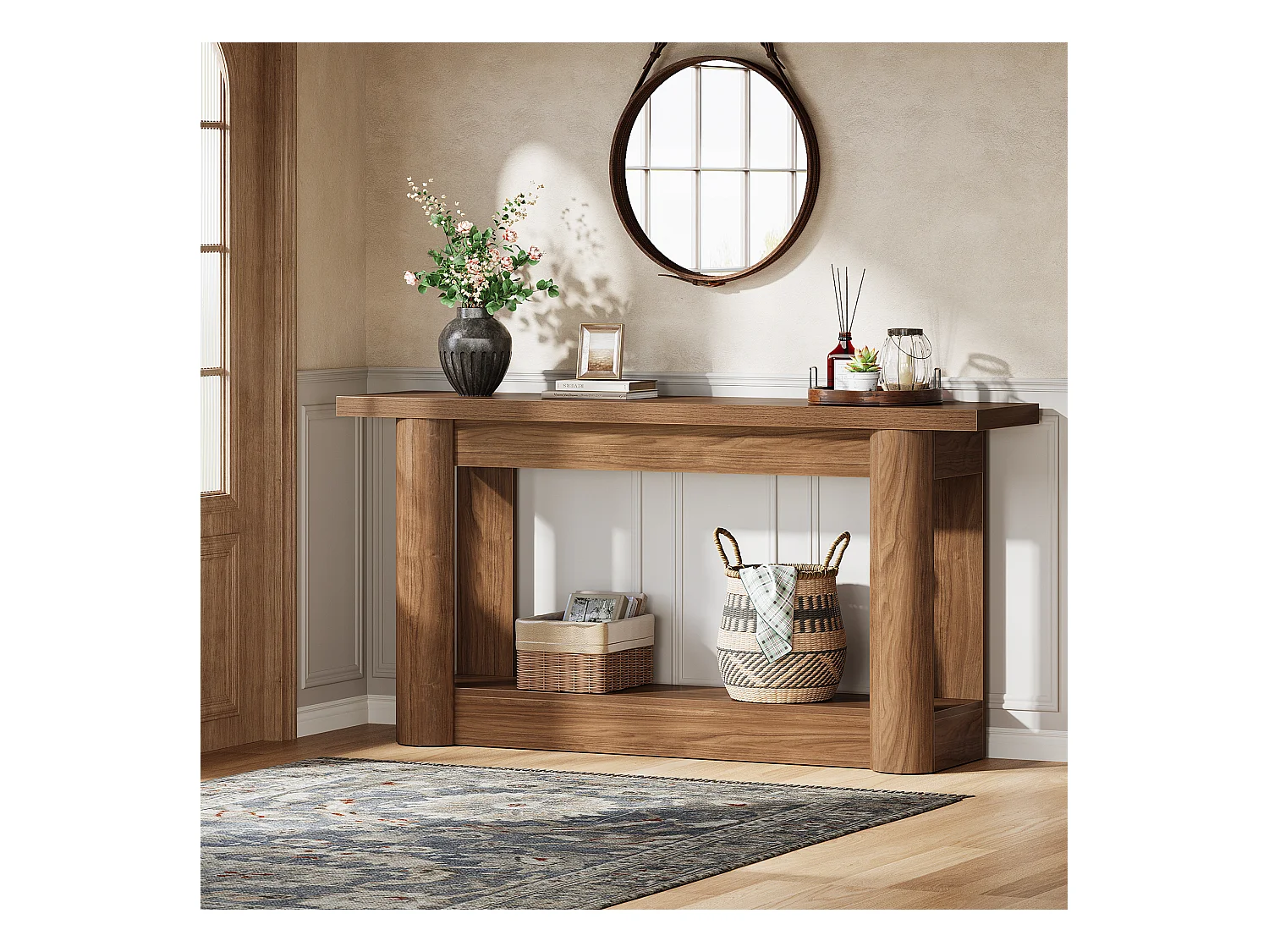 Table console de 160 cm, 2 niveaux de long, table de couloir avec rangement, marron rustique