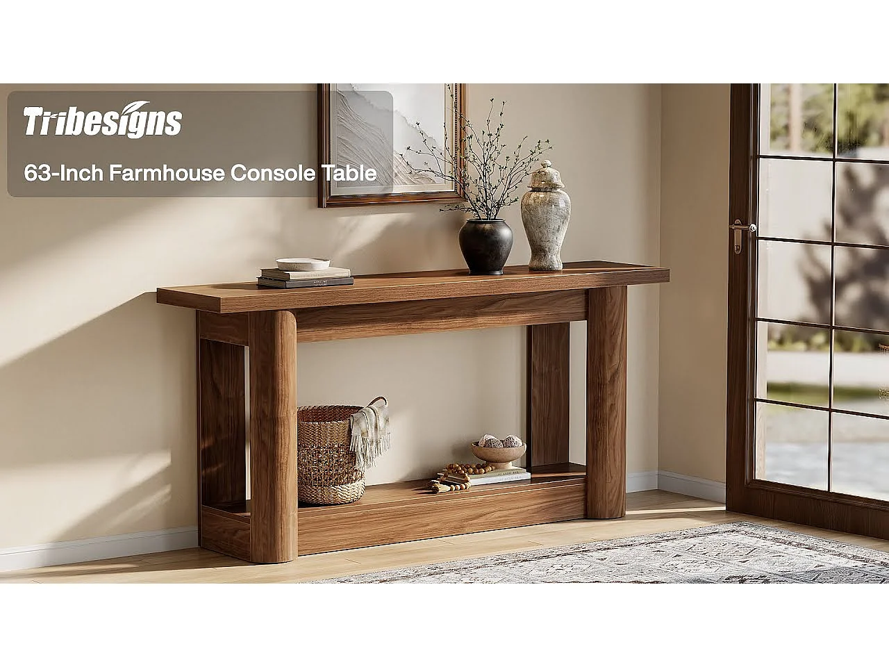 Table console de 160 cm, 2 niveaux de long, table de couloir avec rangement, marron rustique