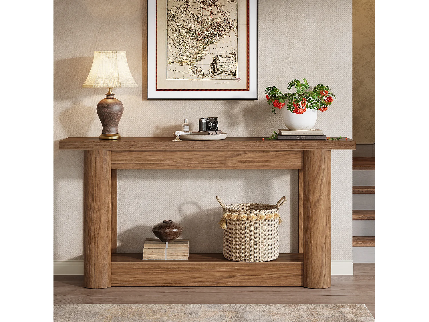 Table console de 160 cm, 2 niveaux de long, table de couloir avec rangement, marron rustique