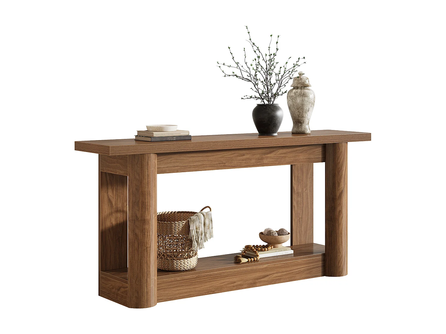 Table console de 160 cm, 2 niveaux de long, table de couloir avec rangement, marron rustique