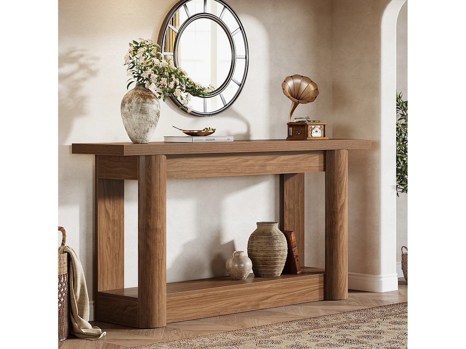 Table console de 160 cm, 2 niveaux de long, table de couloir avec rangement, marron rustique