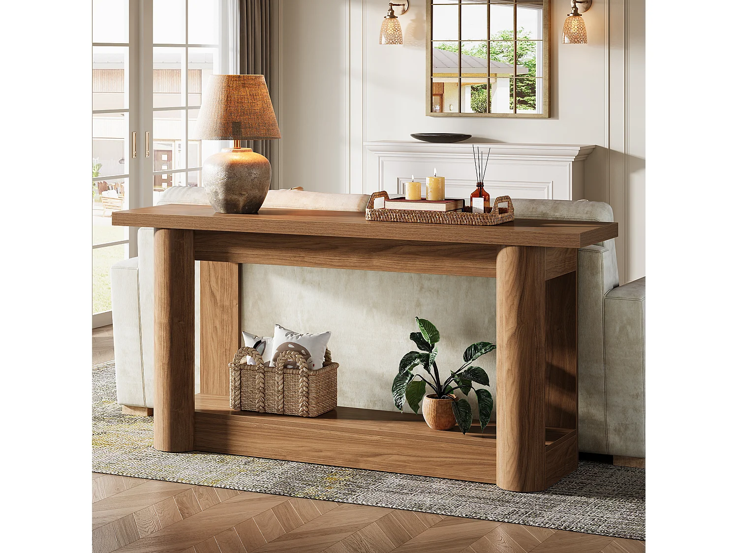 Table console de 160 cm, 2 niveaux de long, table de couloir avec rangement, marron rustique
