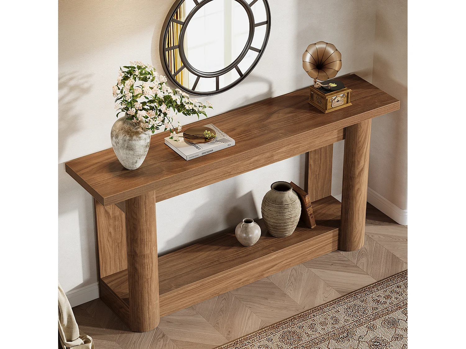 Table console de 160 cm, 2 niveaux de long, table de couloir avec rangement, marron rustique