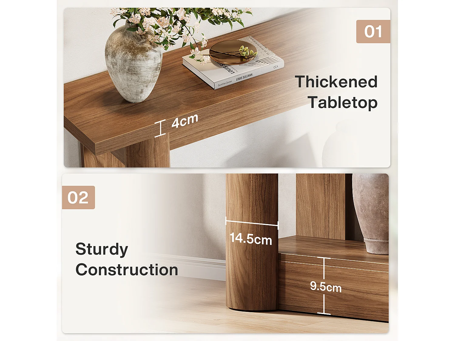 Table console de 160 cm, 2 niveaux de long, table de couloir avec rangement, marron rustique