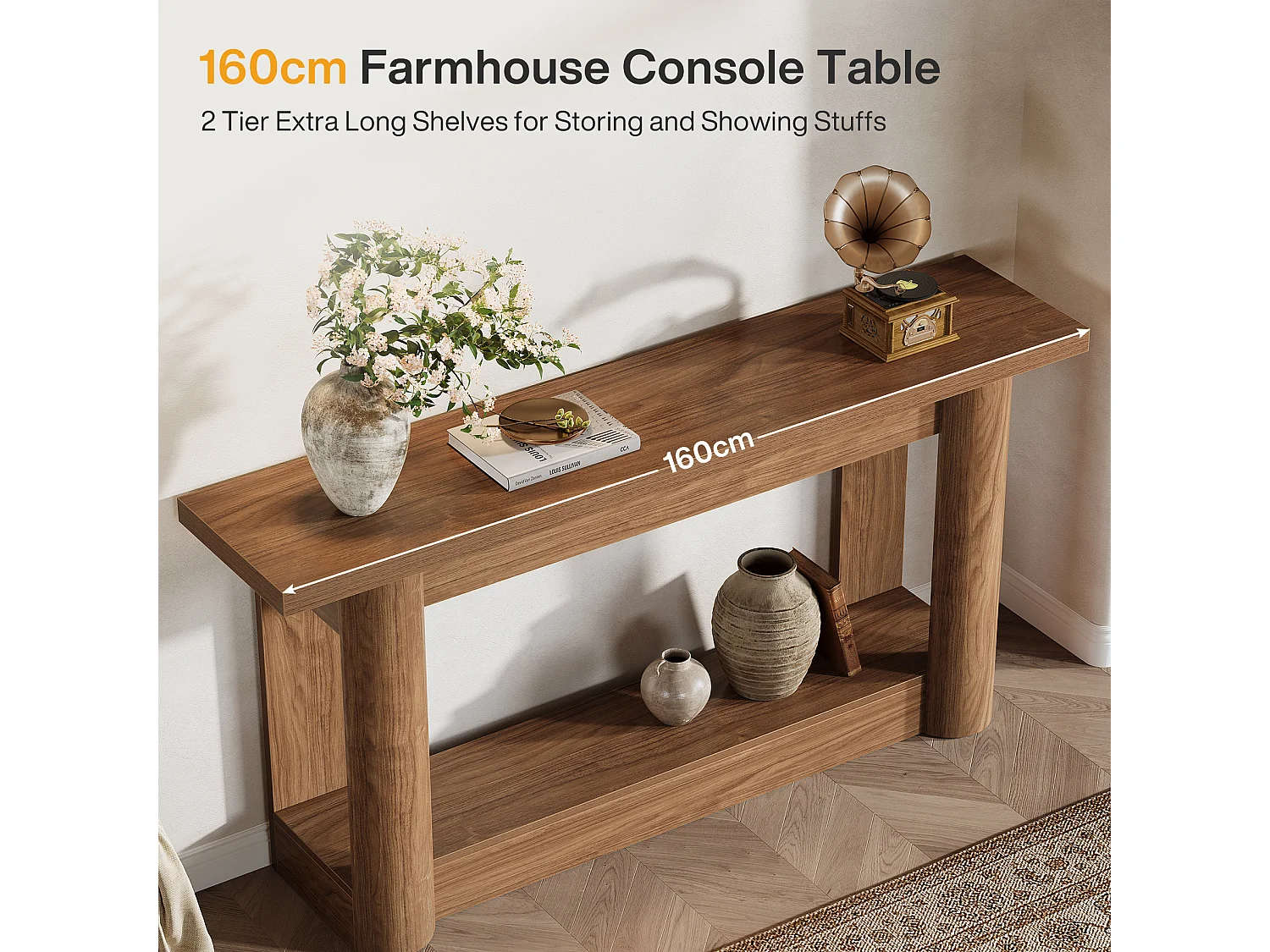 Table console de 160 cm, 2 niveaux de long, table de couloir avec rangement, marron rustique