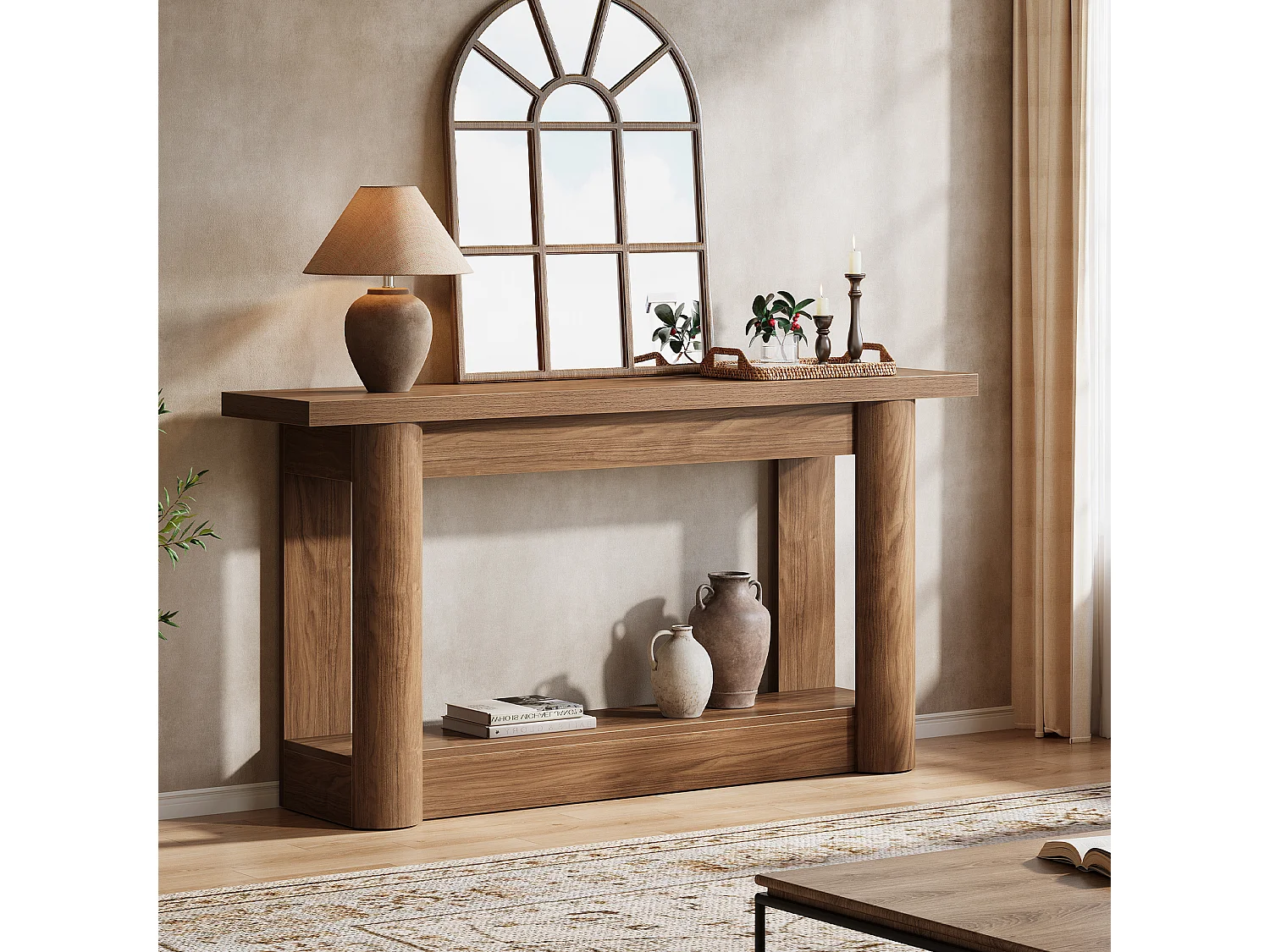 Table console de 160 cm, 2 niveaux de long, table de couloir avec rangement, marron rustique