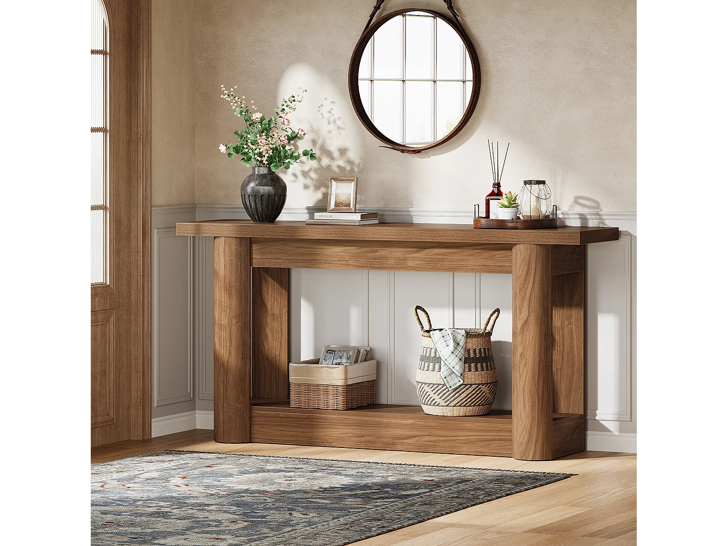 Table console de 160 cm, 2 niveaux de long, table de couloir avec rangement, marron rustique