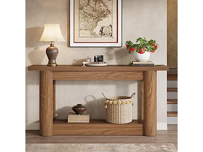Mesa de consola de 160 cm, de dos niveles de longitud, mesa de pasillo con espacio de almacenamiento, de color marrón rústico