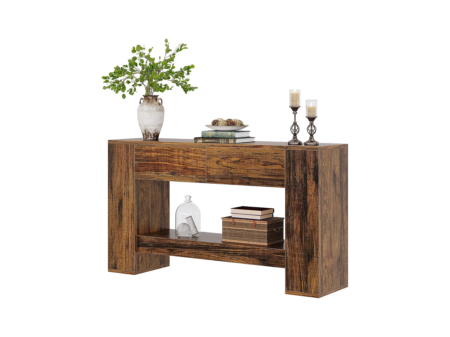 Table Console Marron Rustique avec 2 tiroirs, Table Console étroite à 2 Niveaux 140cm