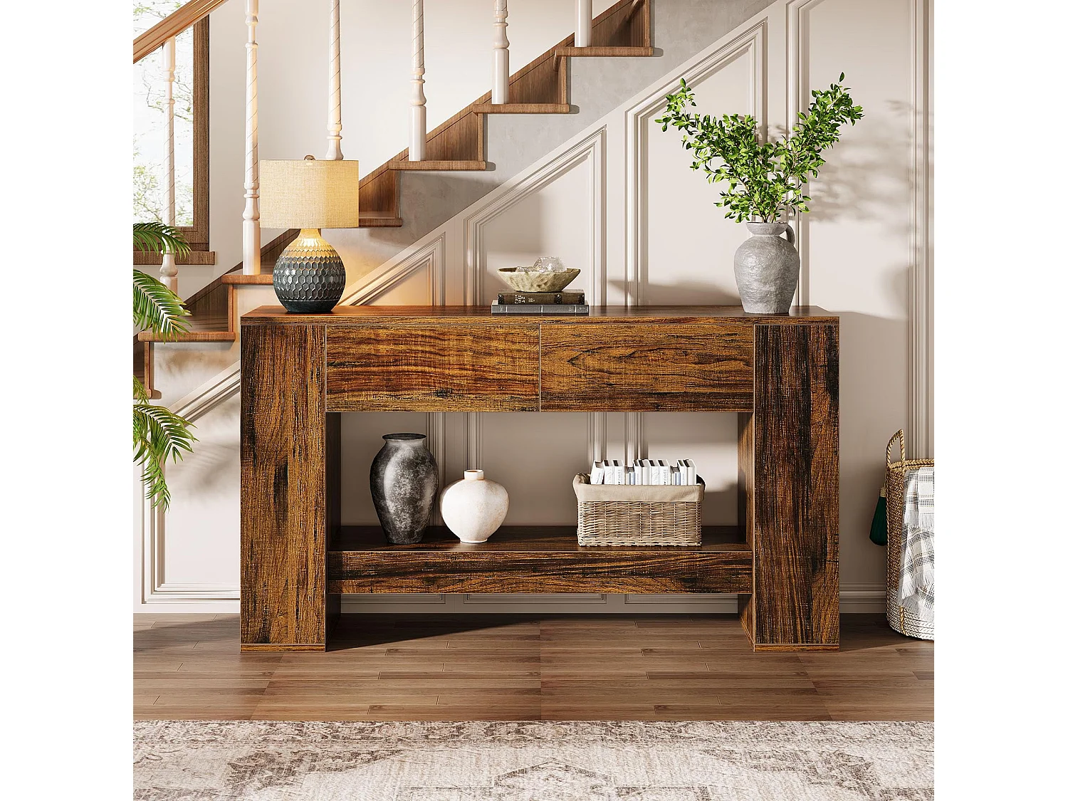 Table Console Marron Rustique avec 2 tiroirs, Table Console étroite à 2 Niveaux 140cm