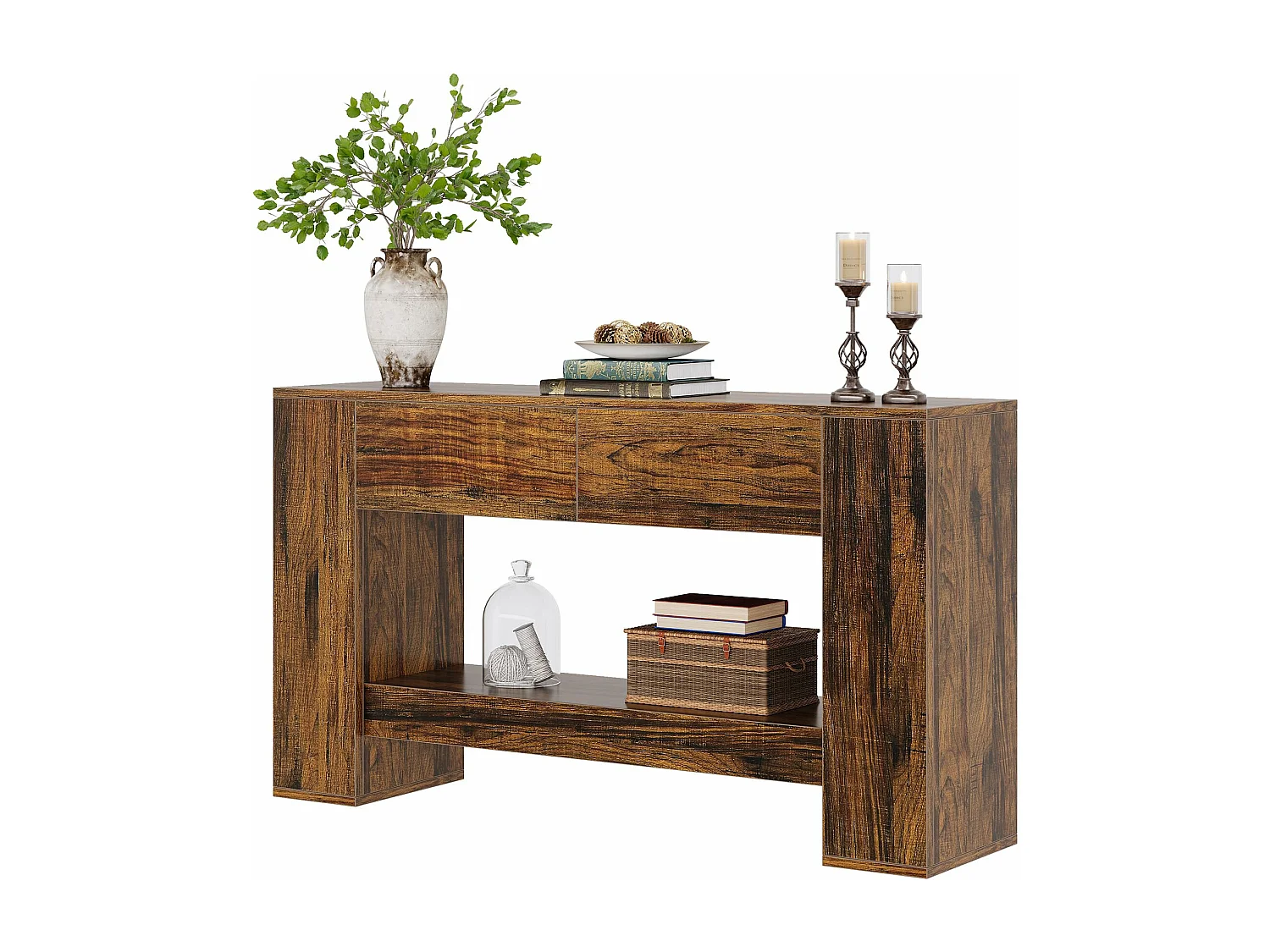 Table Console Marron Rustique avec 2 tiroirs, Table Console étroite à 2 Niveaux 140cm