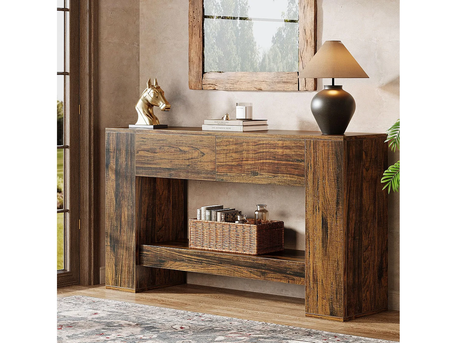 Table Console Marron Rustique avec 2 tiroirs, Table Console étroite à 2 Niveaux 140cm