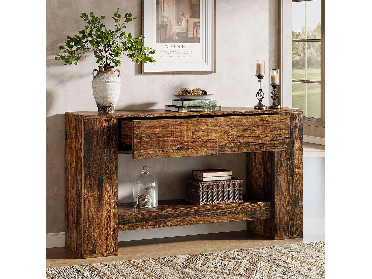 Table Console Marron Rustique avec 2 tiroirs, Table Console étroite à 2 Niveaux 140cm