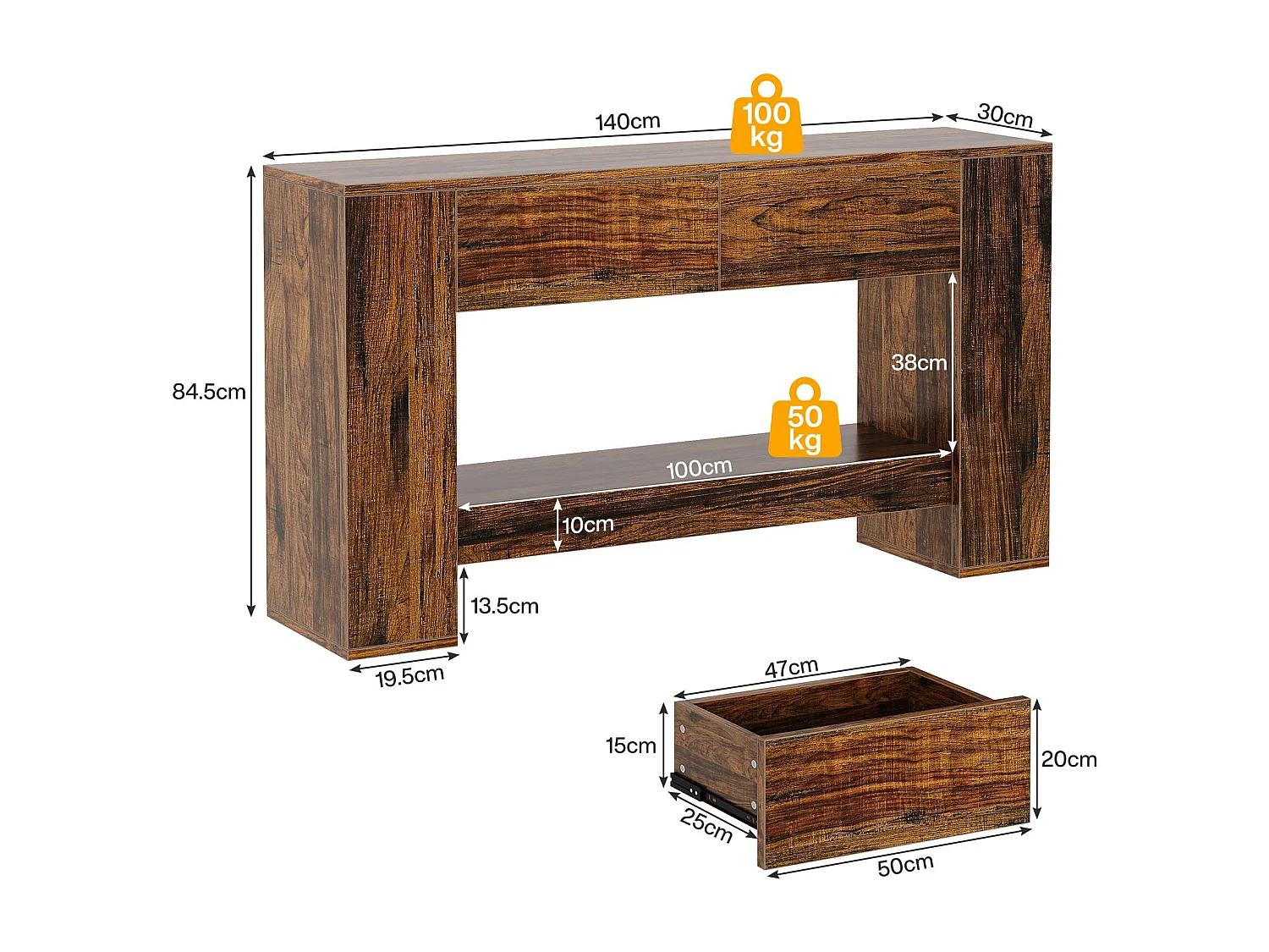 Table Console Marron Rustique avec 2 tiroirs, Table Console étroite à 2 Niveaux 140cm