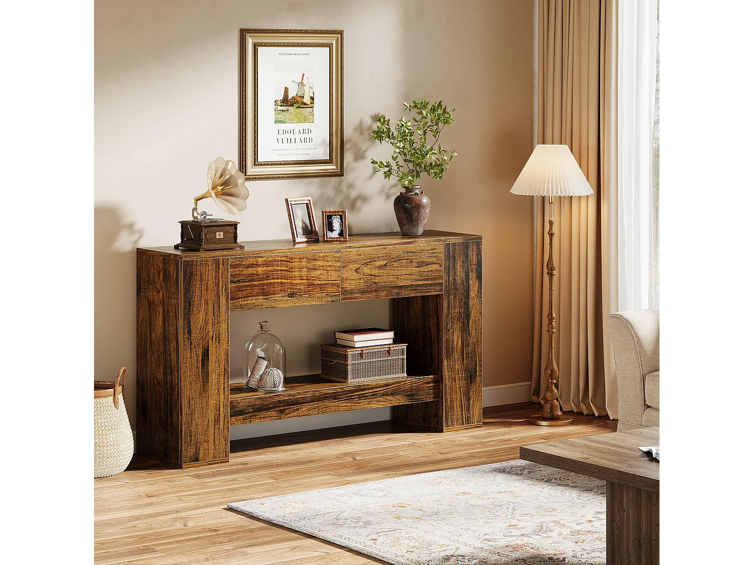 Table Console Marron Rustique avec 2 tiroirs, Table Console étroite à 2 Niveaux 140cm