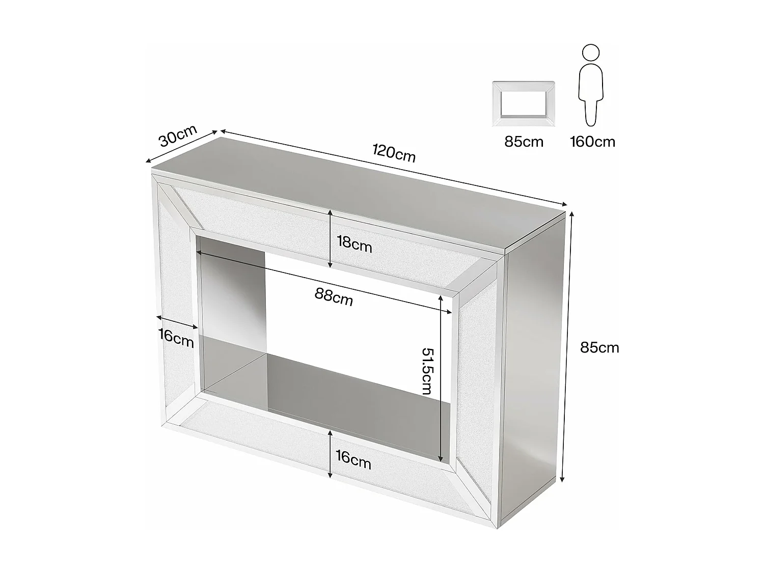 Tavolo consolle 120x30x85 cm, moderno, specchio con spazio contenitore, tavolo consolle stretto, credenza