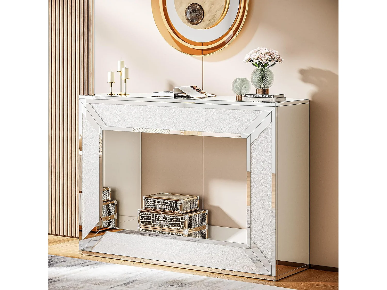 Tavolo consolle 120x30x85 cm, moderno, specchio con spazio contenitore, tavolo consolle stretto, credenza