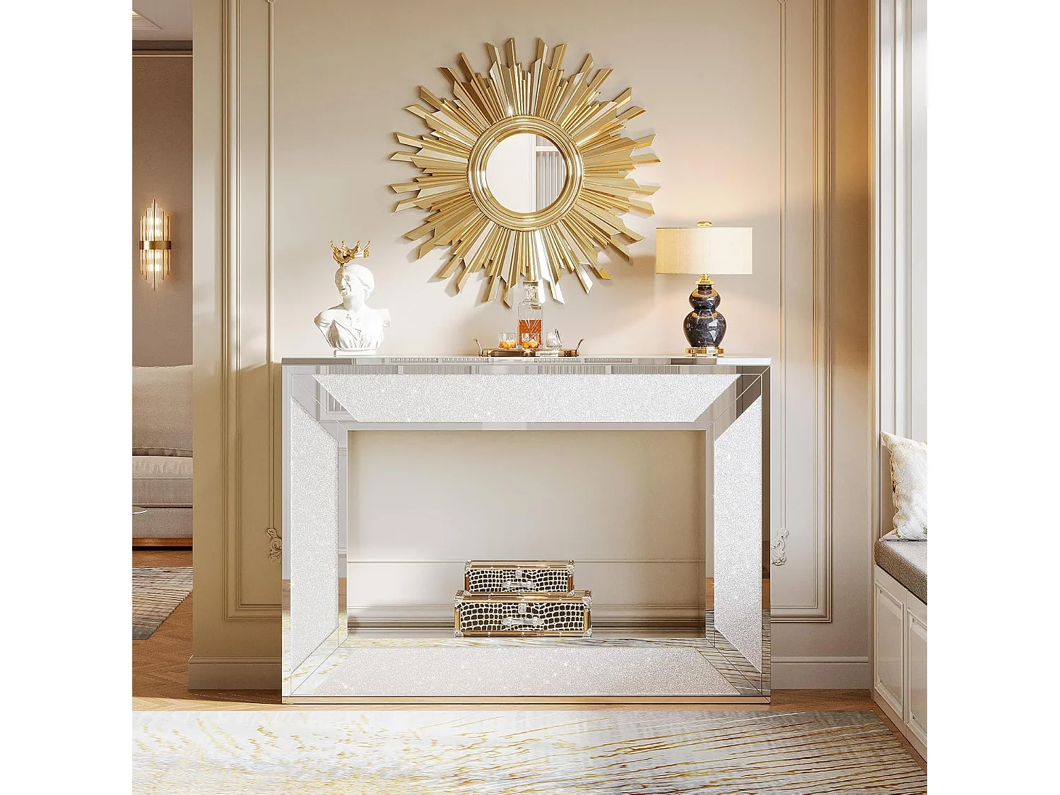 Tavolo consolle 120x30x85 cm, moderno, specchio con spazio contenitore, tavolo consolle stretto, credenza