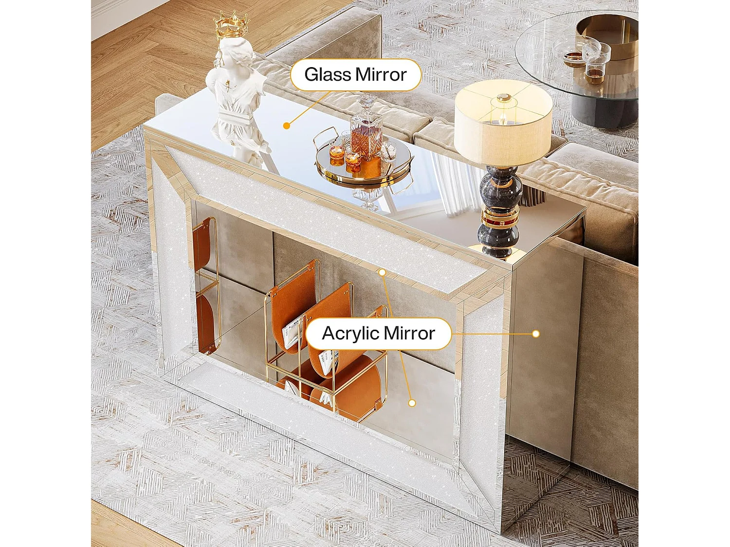 Tavolo consolle 120x30x85 cm, moderno, specchio con spazio contenitore, tavolo consolle stretto, credenza