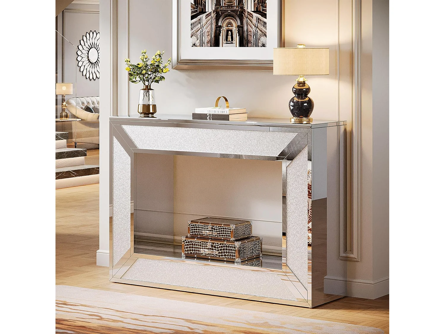 Tavolo consolle 120x30x85 cm, moderno, specchio con spazio contenitore, tavolo consolle stretto, credenza