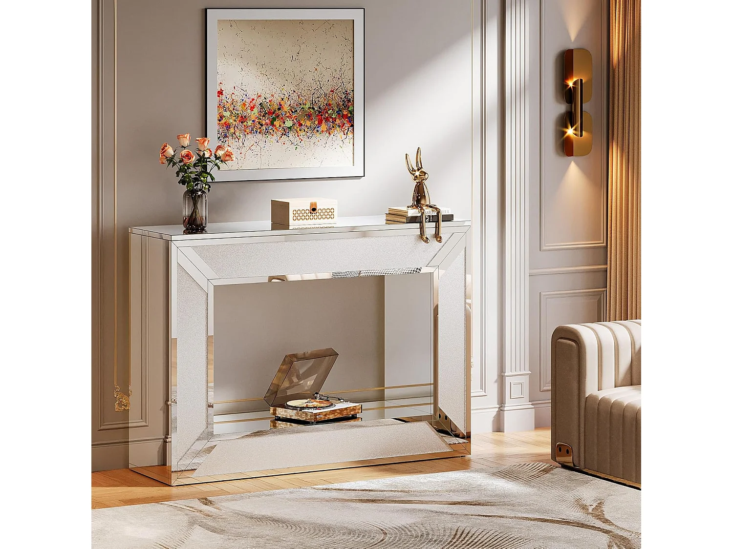 Tavolo consolle 120x30x85 cm, moderno, specchio con spazio contenitore, tavolo consolle stretto, credenza