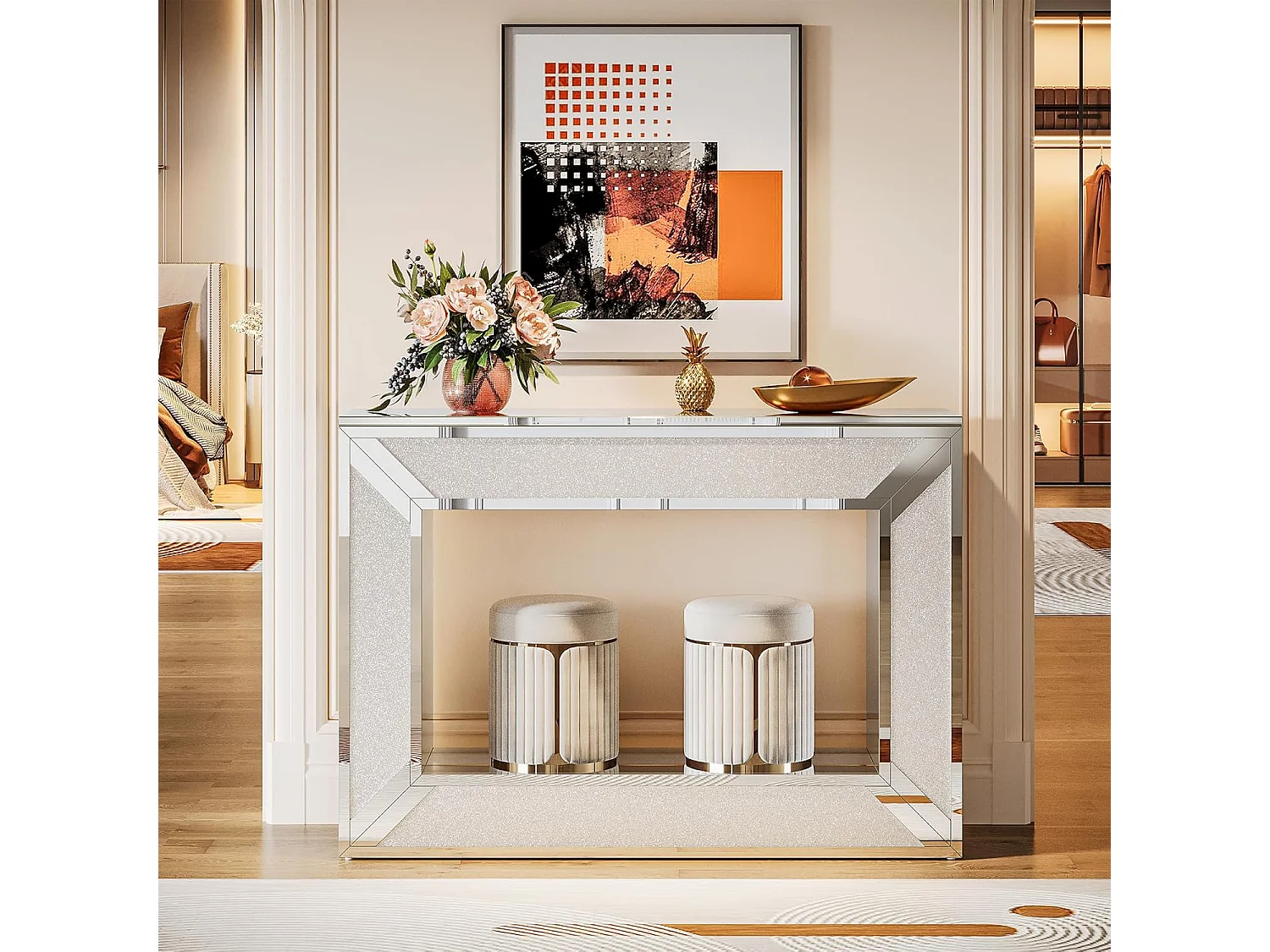 Tavolo consolle 120x30x85 cm, moderno, specchio con spazio contenitore, tavolo consolle stretto, credenza