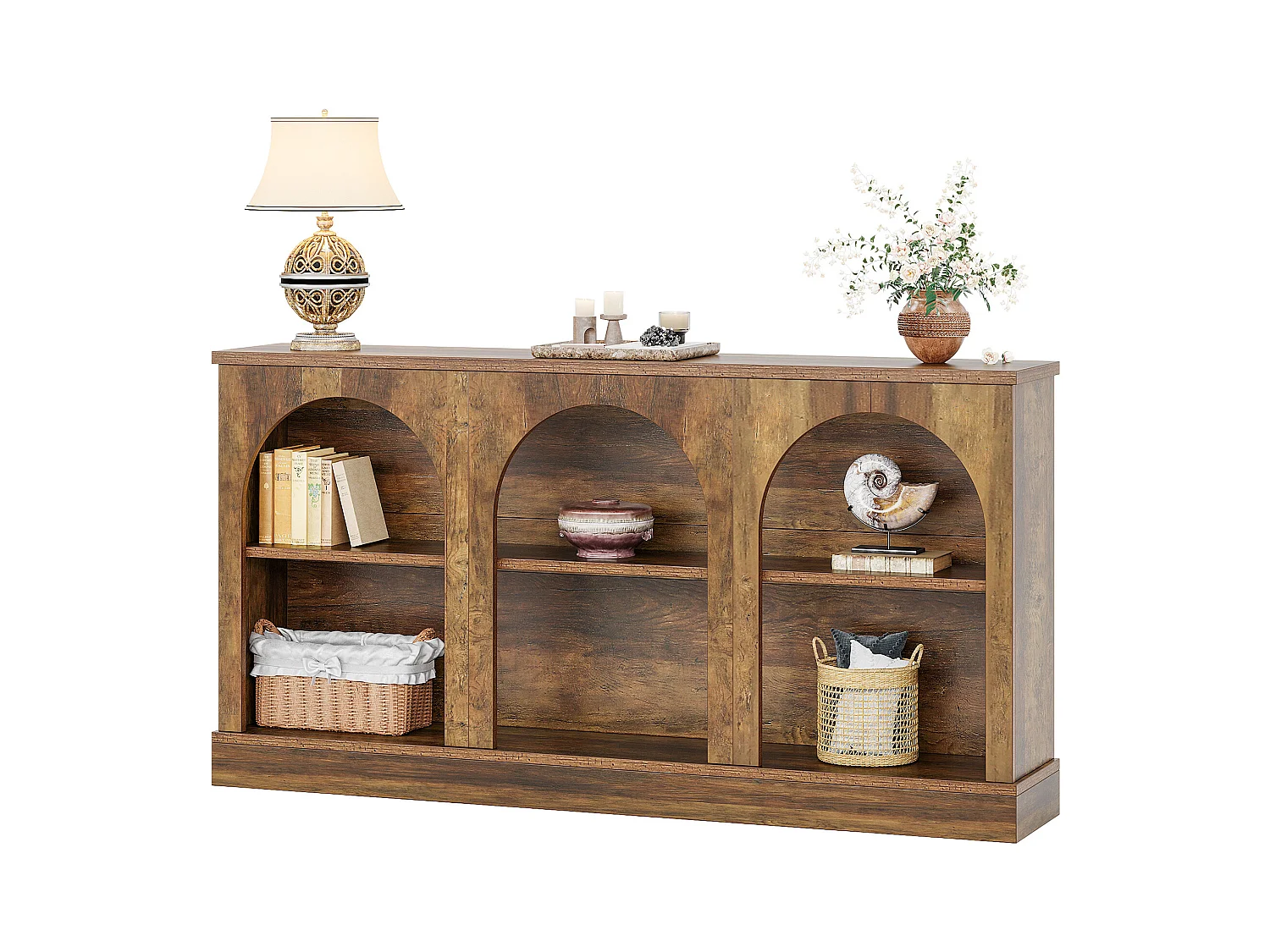 Table console de style rustique de 160 cm de long avec 3 niveaux de rangement, marron