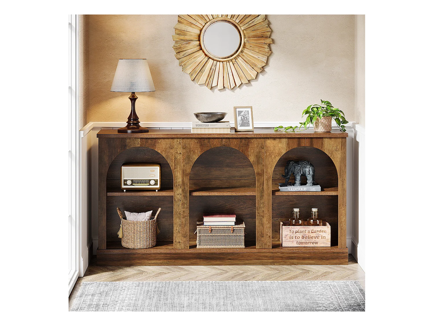 Table console de style rustique de 160 cm de long avec 3 niveaux de rangement, marron