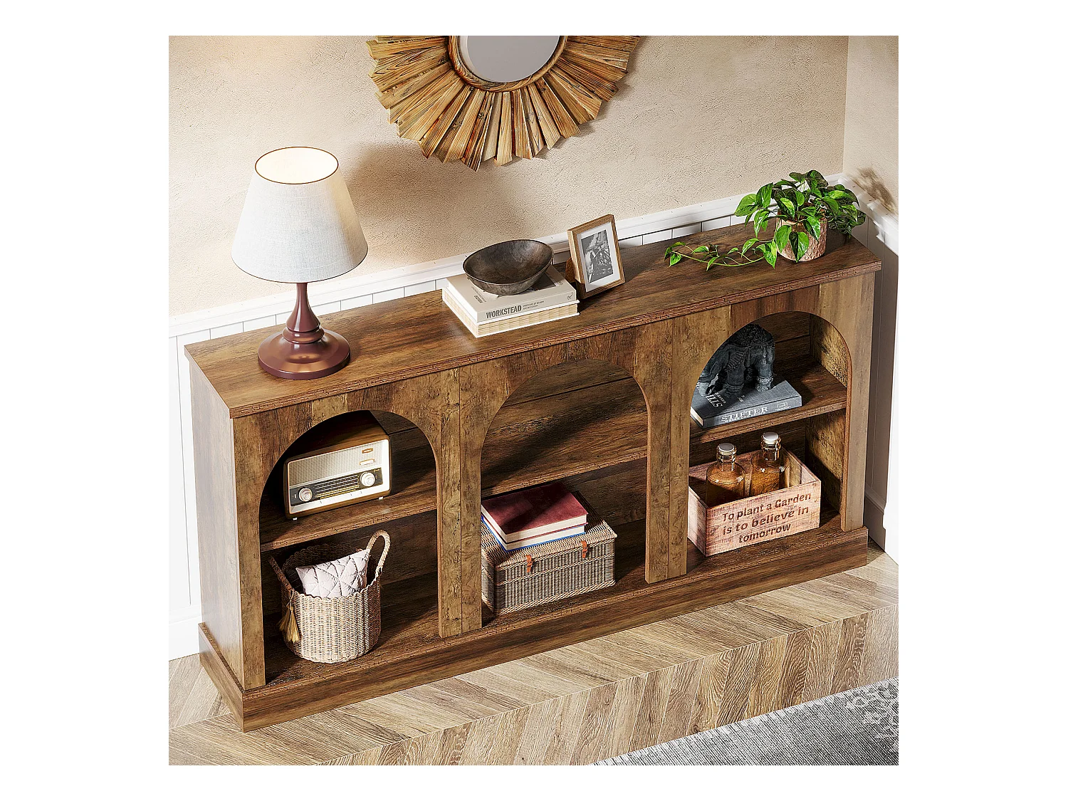 Table console de style rustique de 160 cm de long avec 3 niveaux de rangement, marron