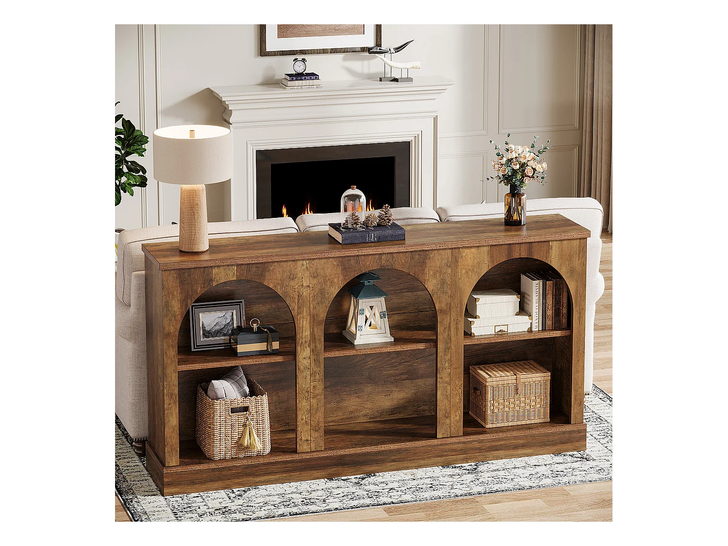 Table console de style rustique de 160 cm de long avec 3 niveaux de rangement, marron