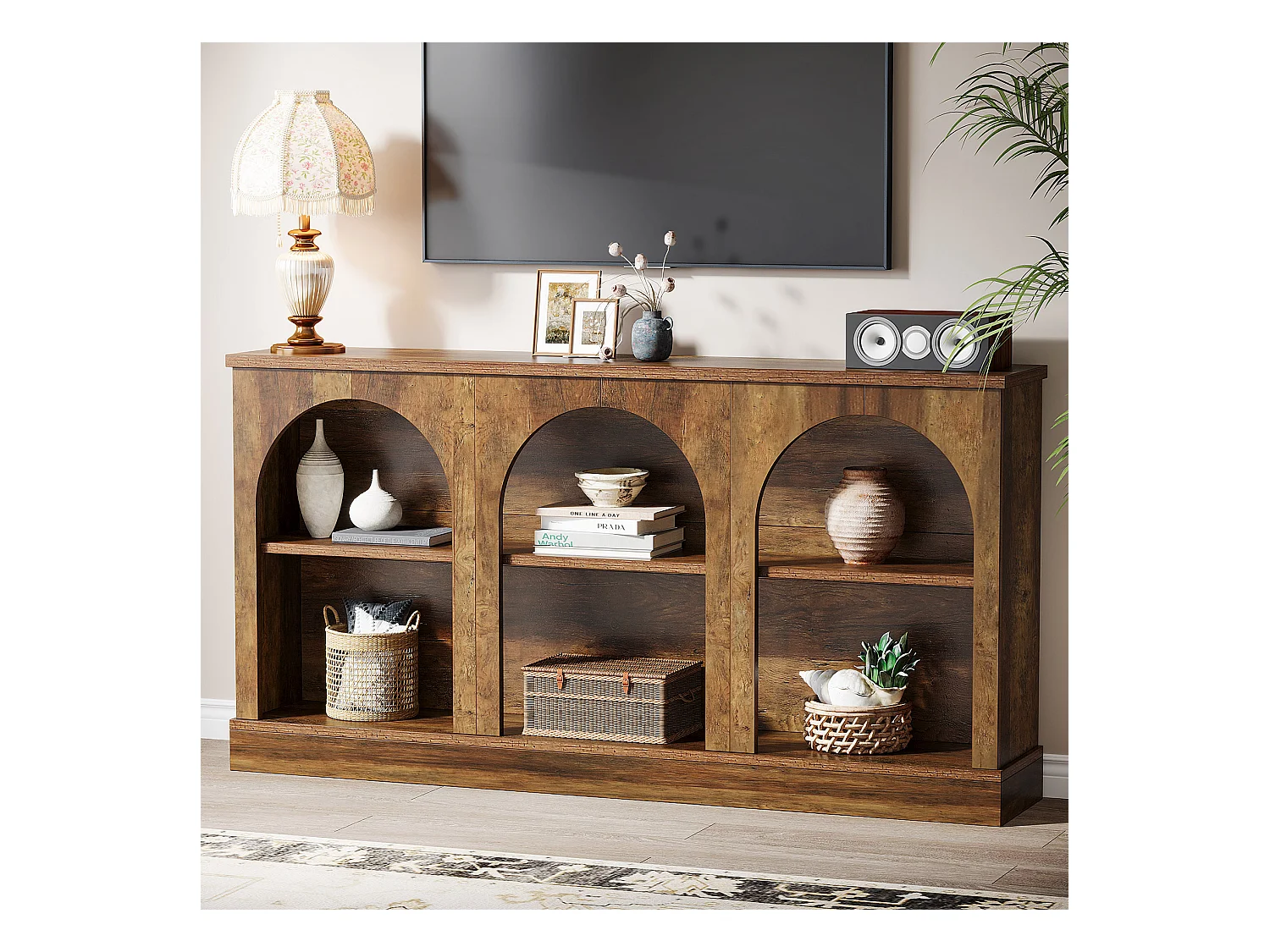 Table console de style rustique de 160 cm de long avec 3 niveaux de rangement, marron