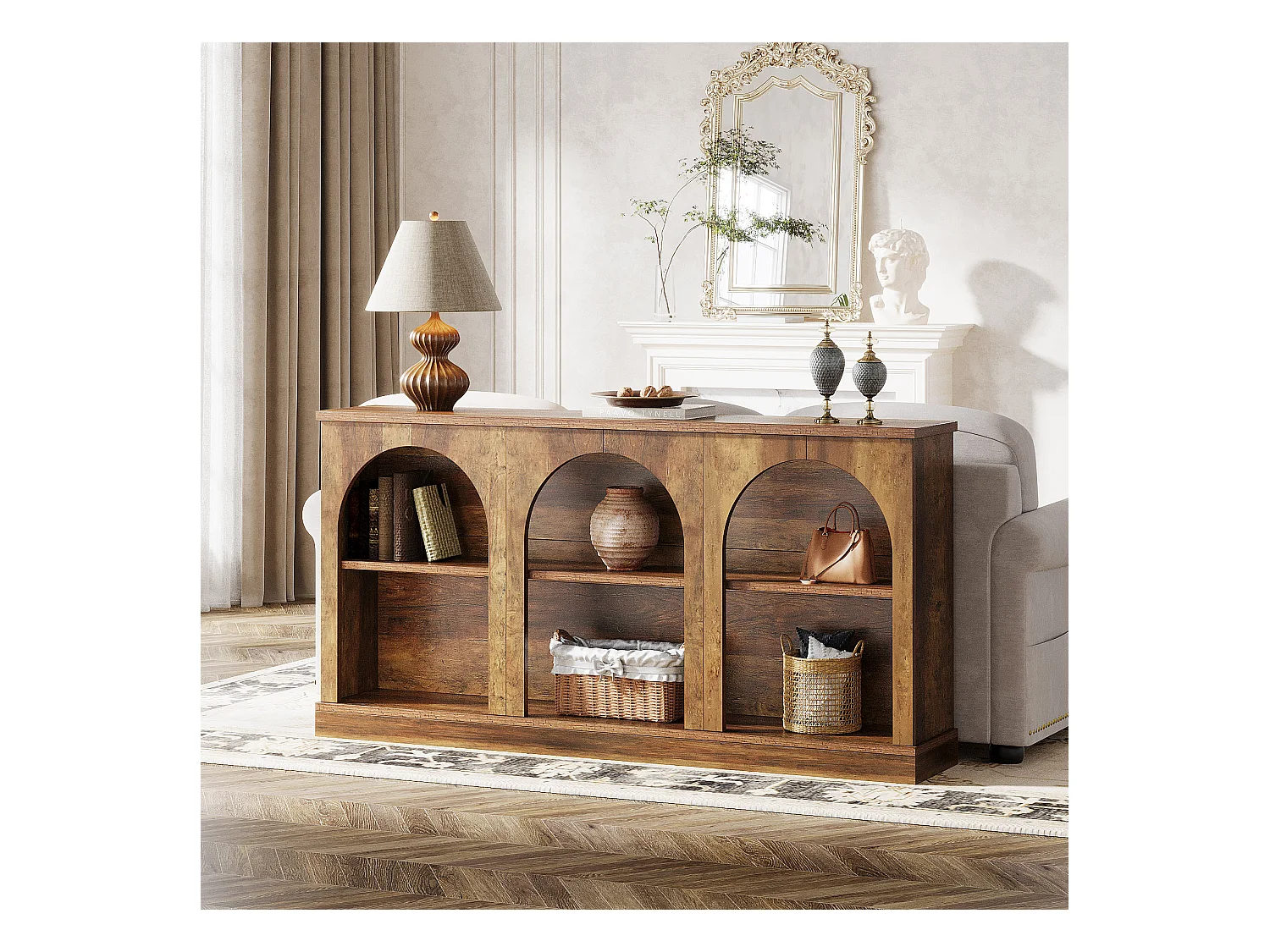 Table console de style rustique de 160 cm de long avec 3 niveaux de rangement, marron