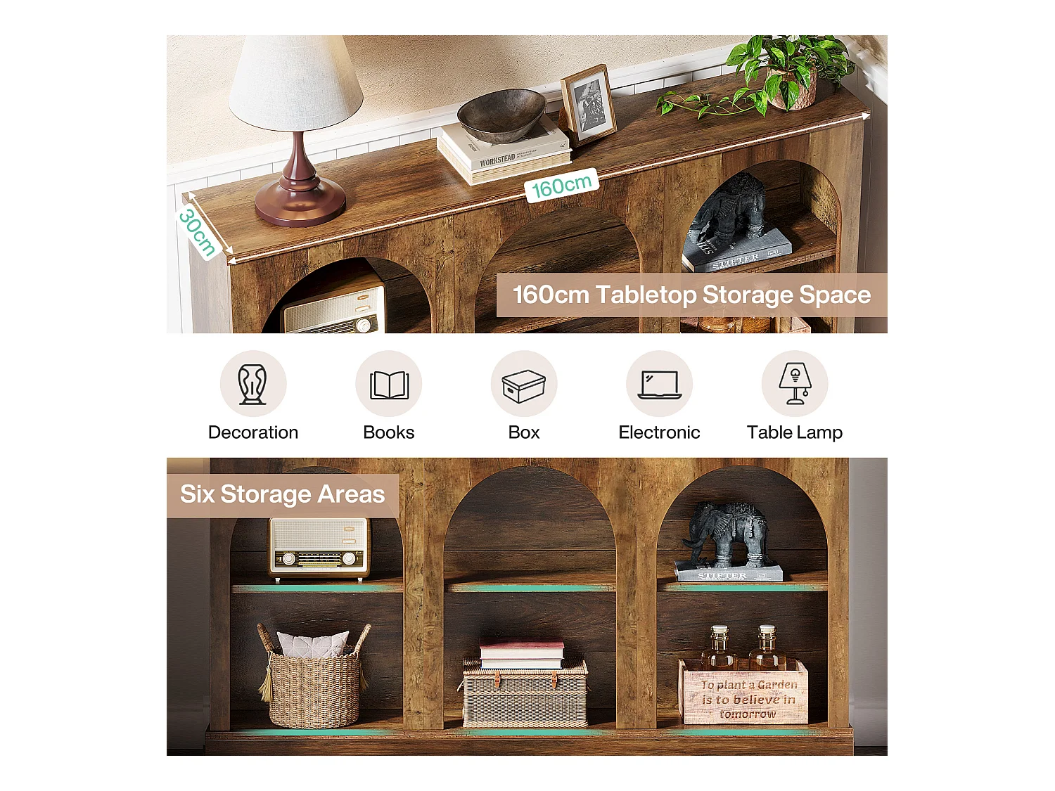 Table console de style rustique de 160 cm de long avec 3 niveaux de rangement, marron