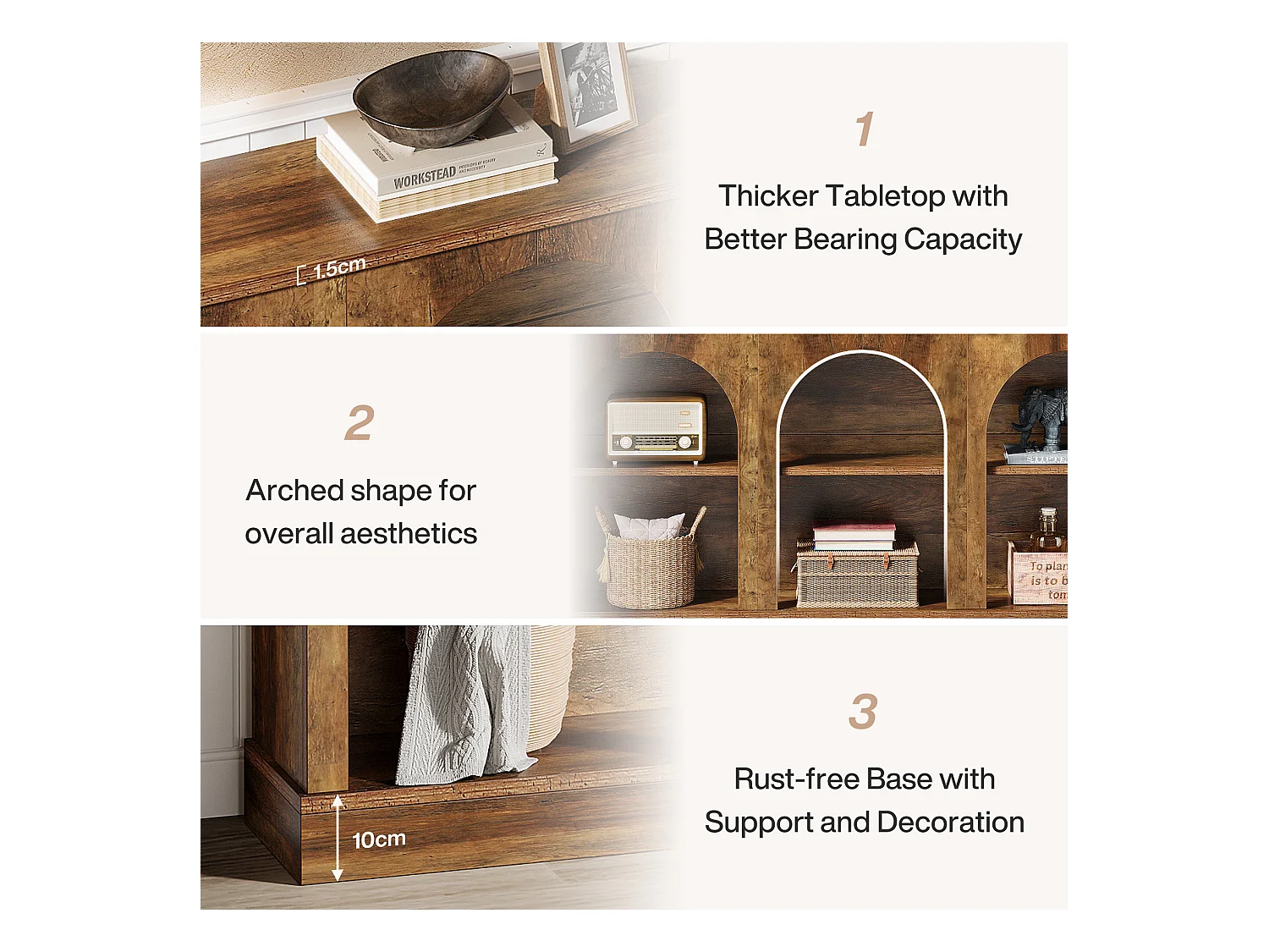 Table console de style rustique de 160 cm de long avec 3 niveaux de rangement, marron