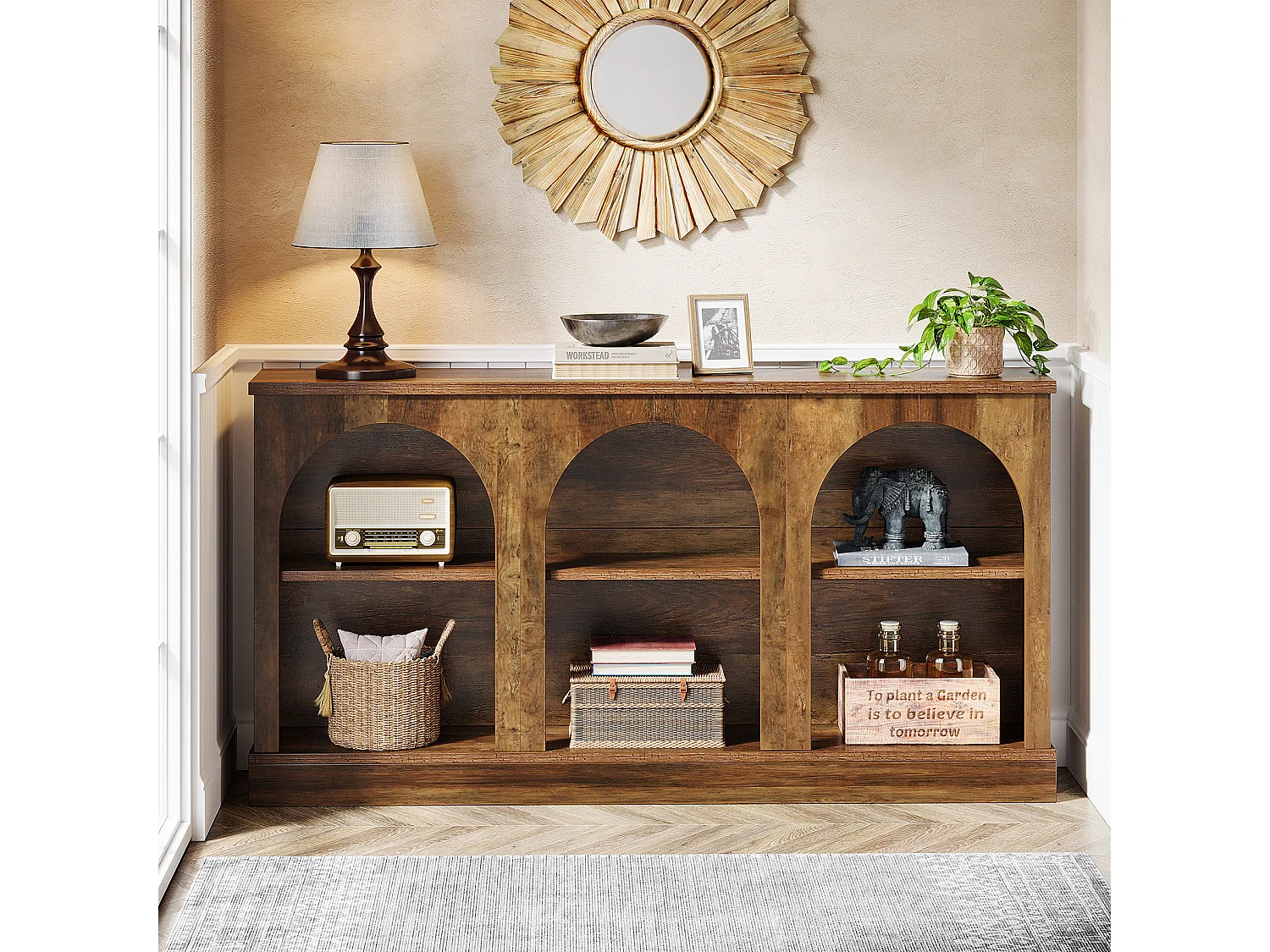 Table console de style rustique de 160 cm de long avec 3 niveaux de rangement, marron