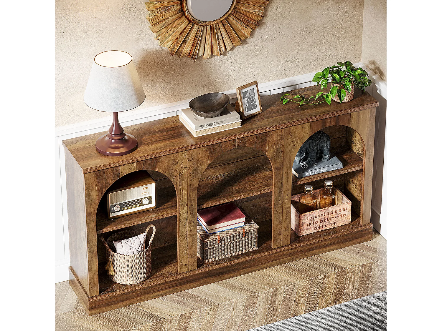 Table console de style rustique de 160 cm de long avec 3 niveaux de rangement, marron