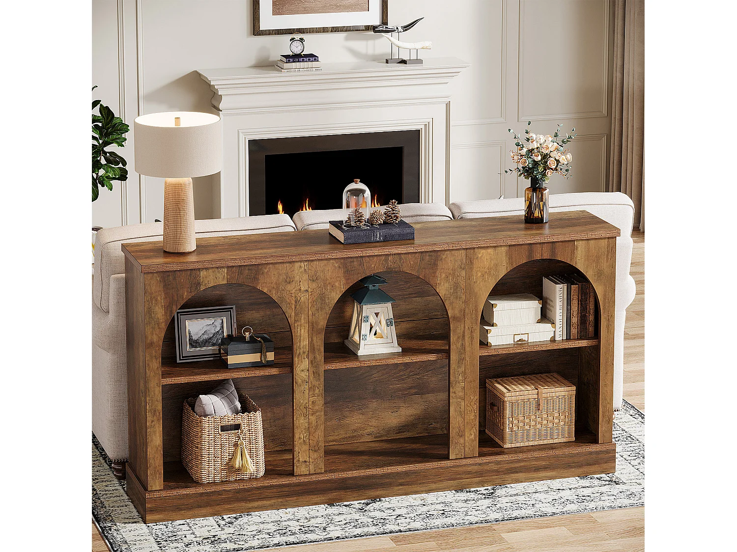 Table console de style rustique de 160 cm de long avec 3 niveaux de rangement, marron