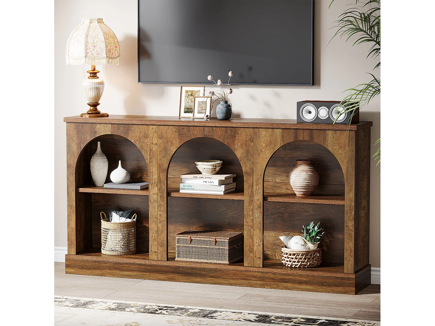 Table console de style rustique de 160 cm de long avec 3 niveaux de rangement, marron