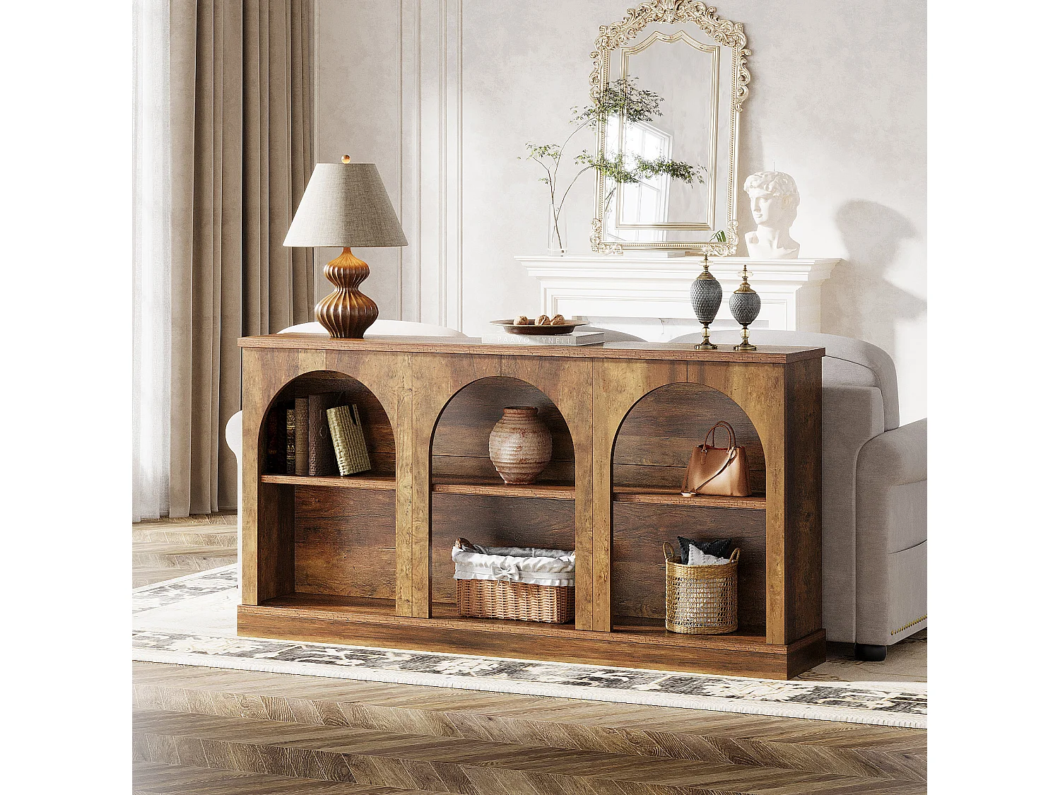 Table console de style rustique de 160 cm de long avec 3 niveaux de rangement, marron