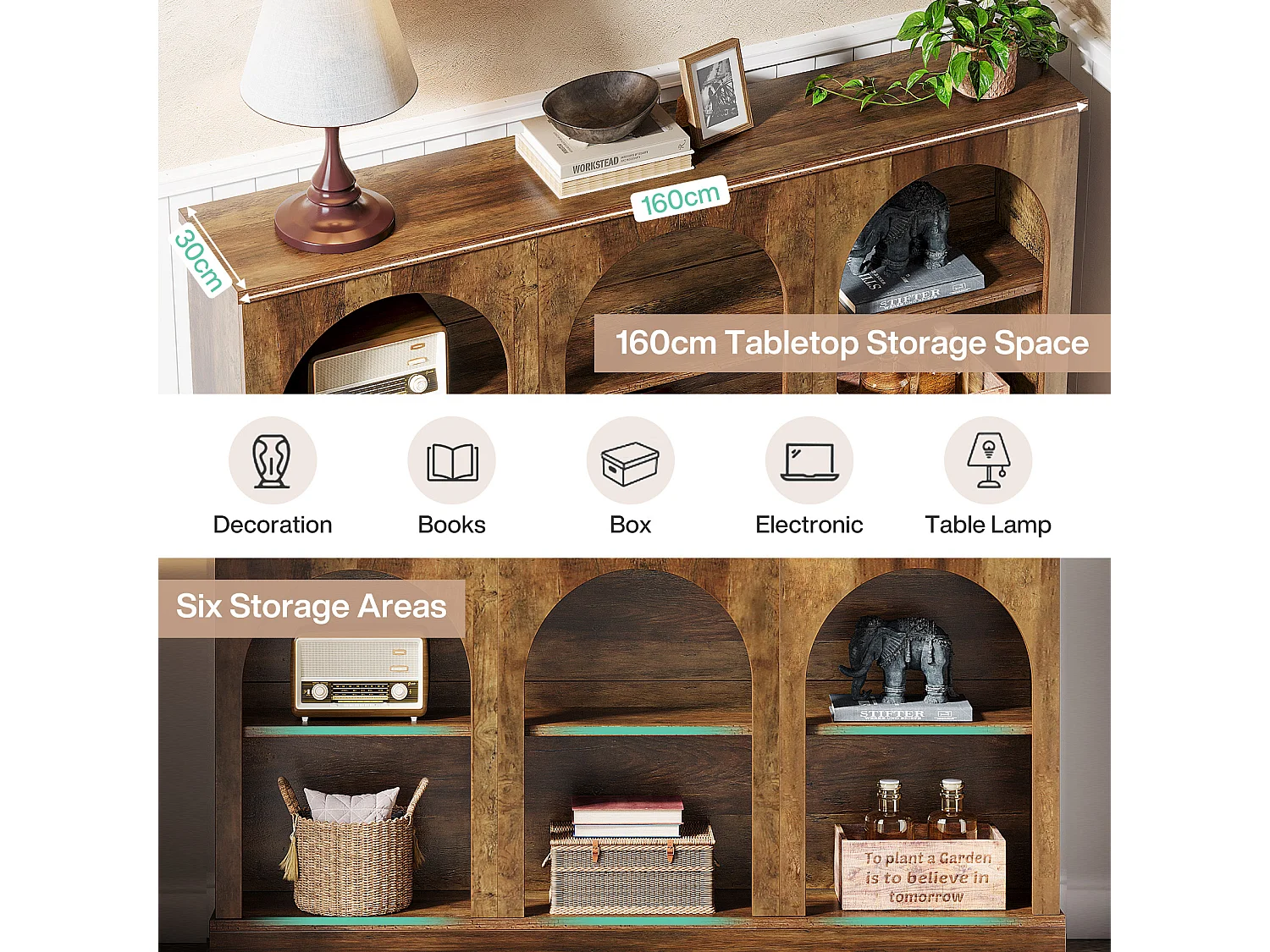 Table console de style rustique de 160 cm de long avec 3 niveaux de rangement, marron