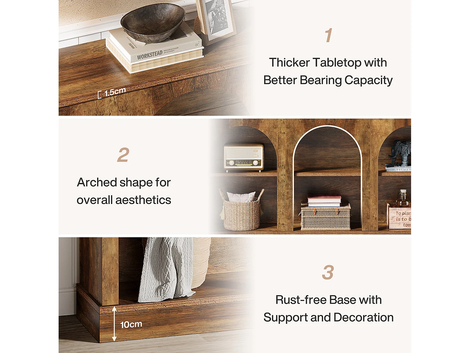 Table console de style rustique de 160 cm de long avec 3 niveaux de rangement, marron