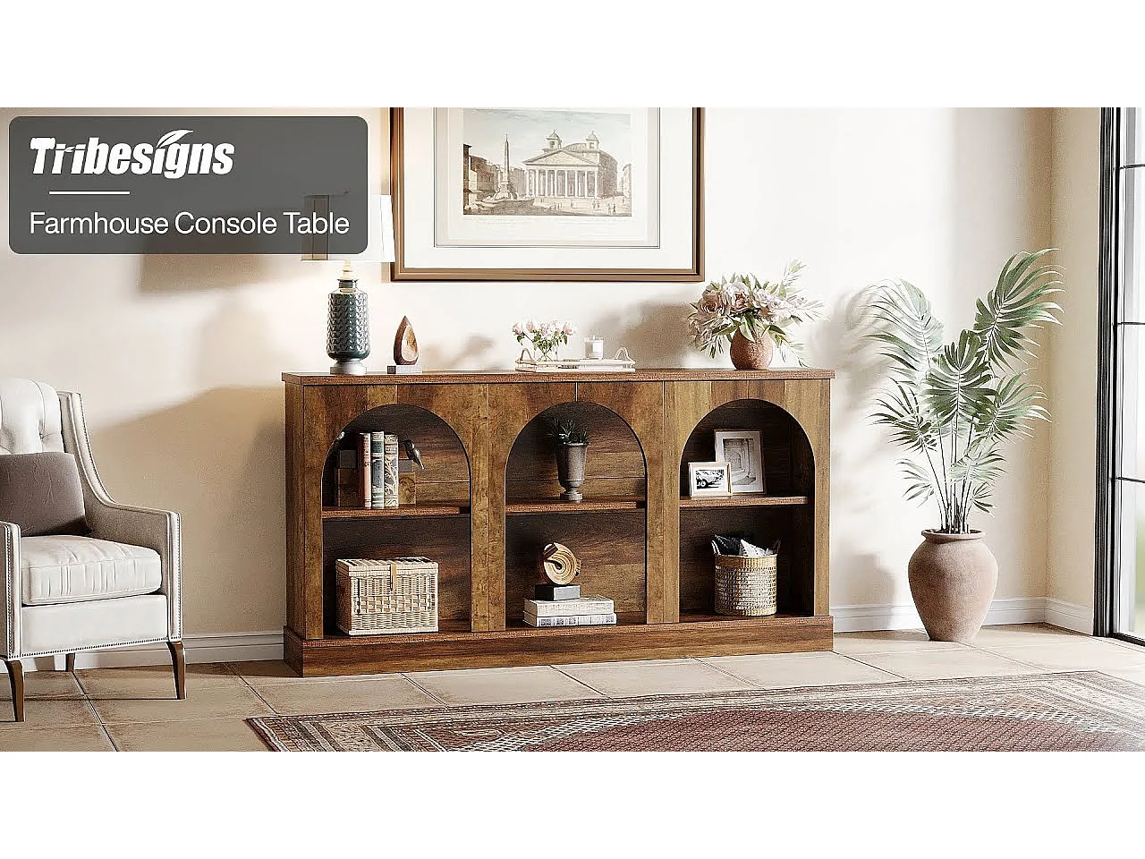 Table console de style rustique de 160 cm de long avec 3 niveaux de rangement, marron