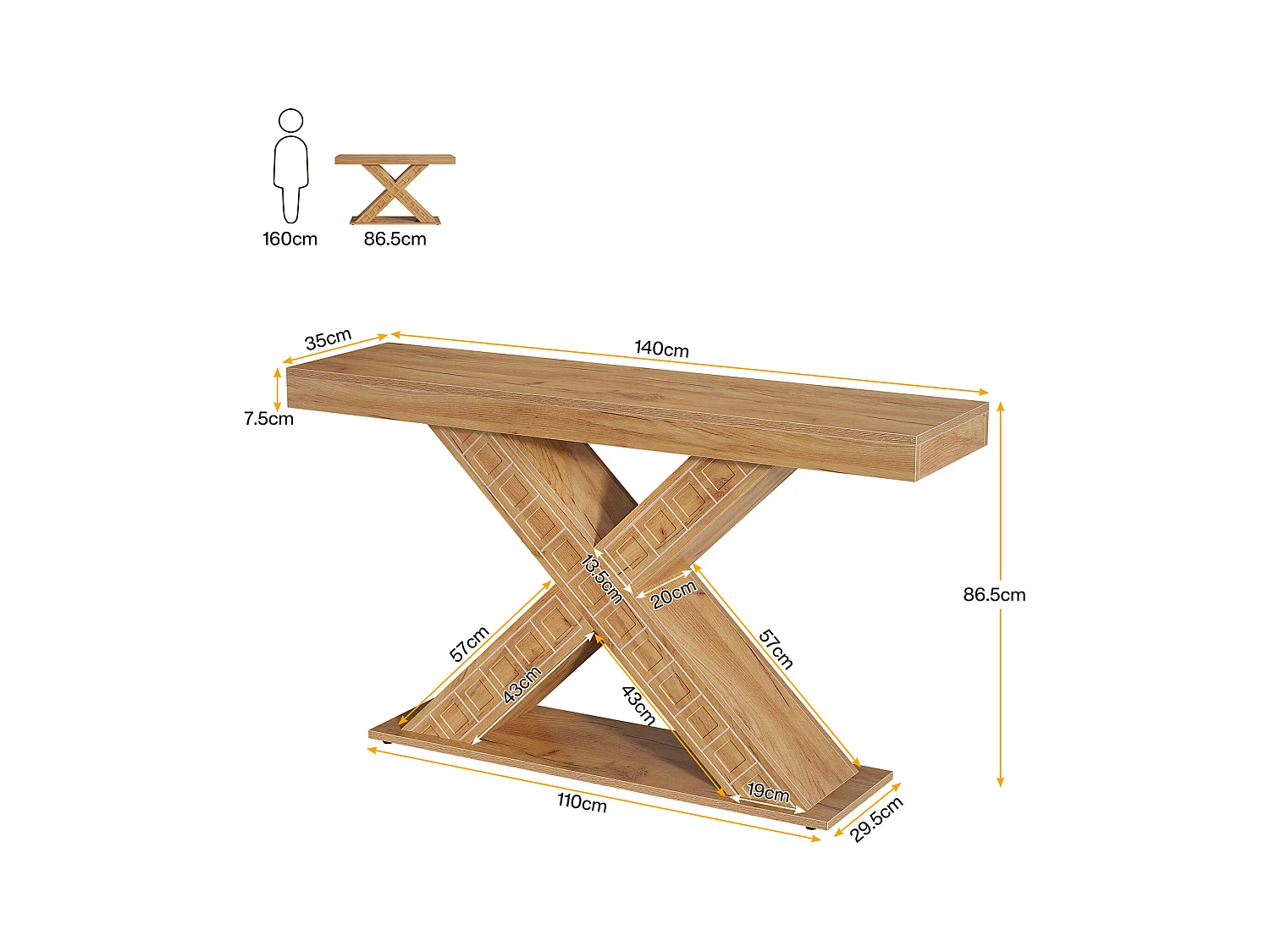 Table console étroite de 140 cm avec base géométrique pour entrée, couloir, foyer, salon