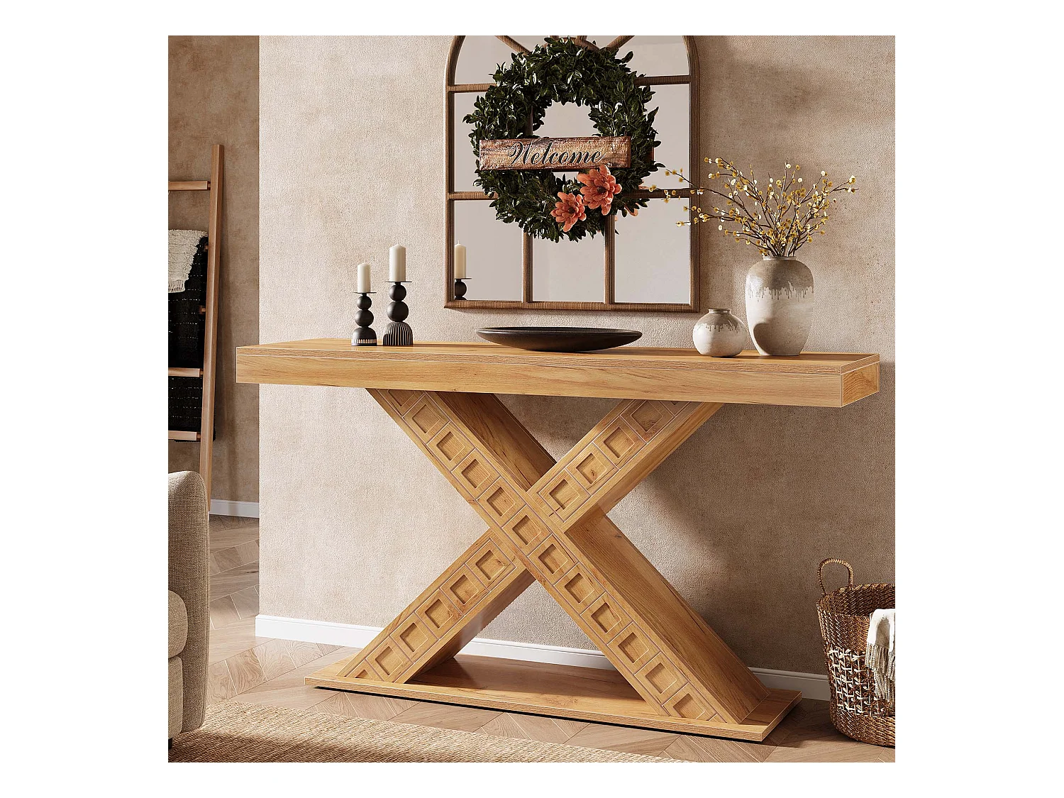 Table console étroite de 140 cm avec base géométrique pour entrée, couloir, foyer, salon