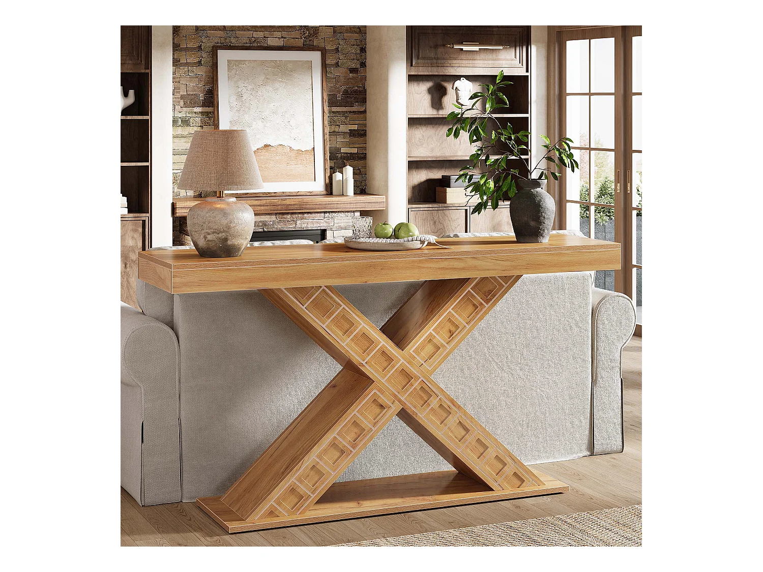 Table console étroite de 140 cm avec base géométrique pour entrée, couloir, foyer, salon
