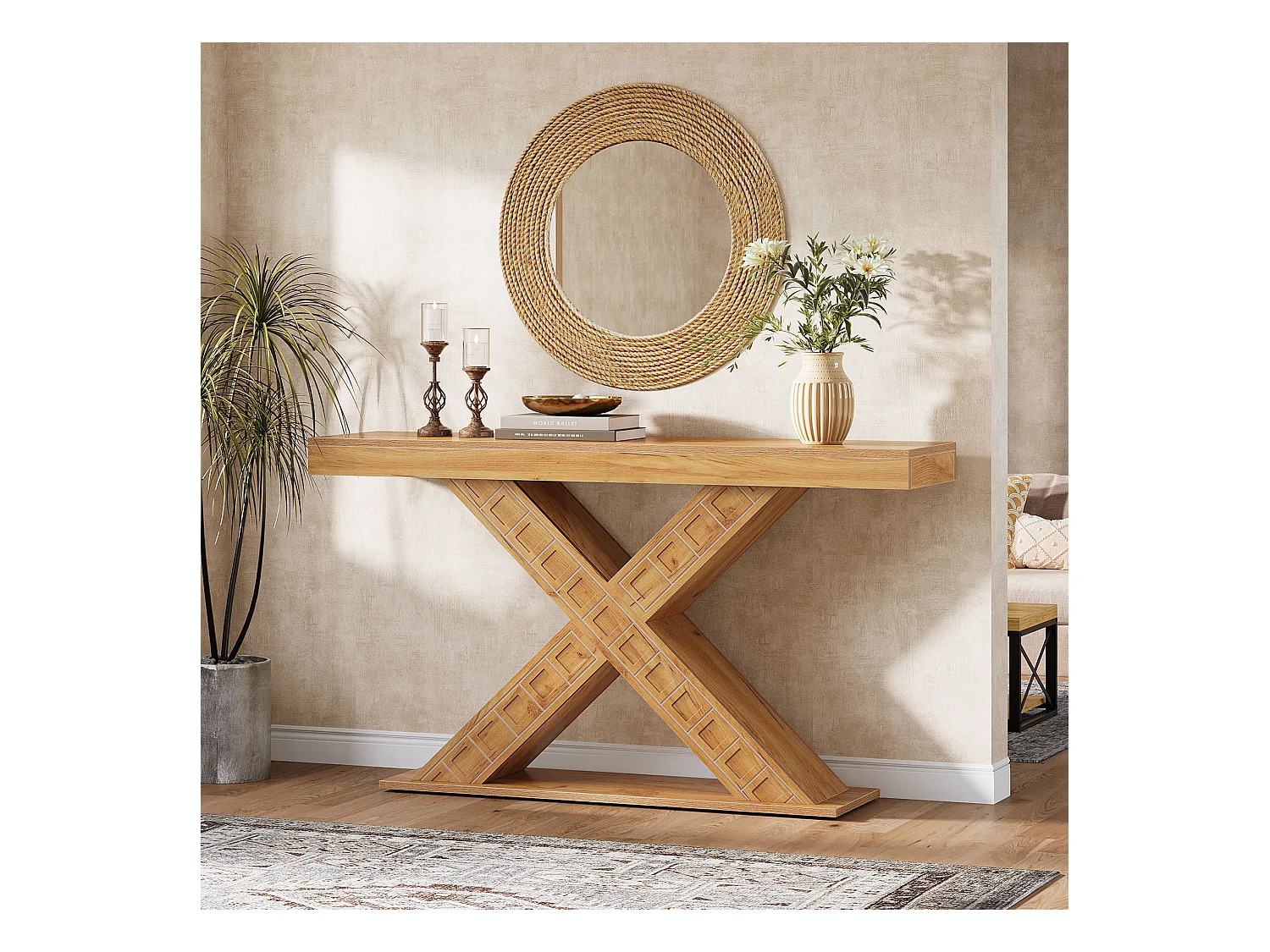 Table console étroite de 140 cm avec base géométrique pour entrée, couloir, foyer, salon