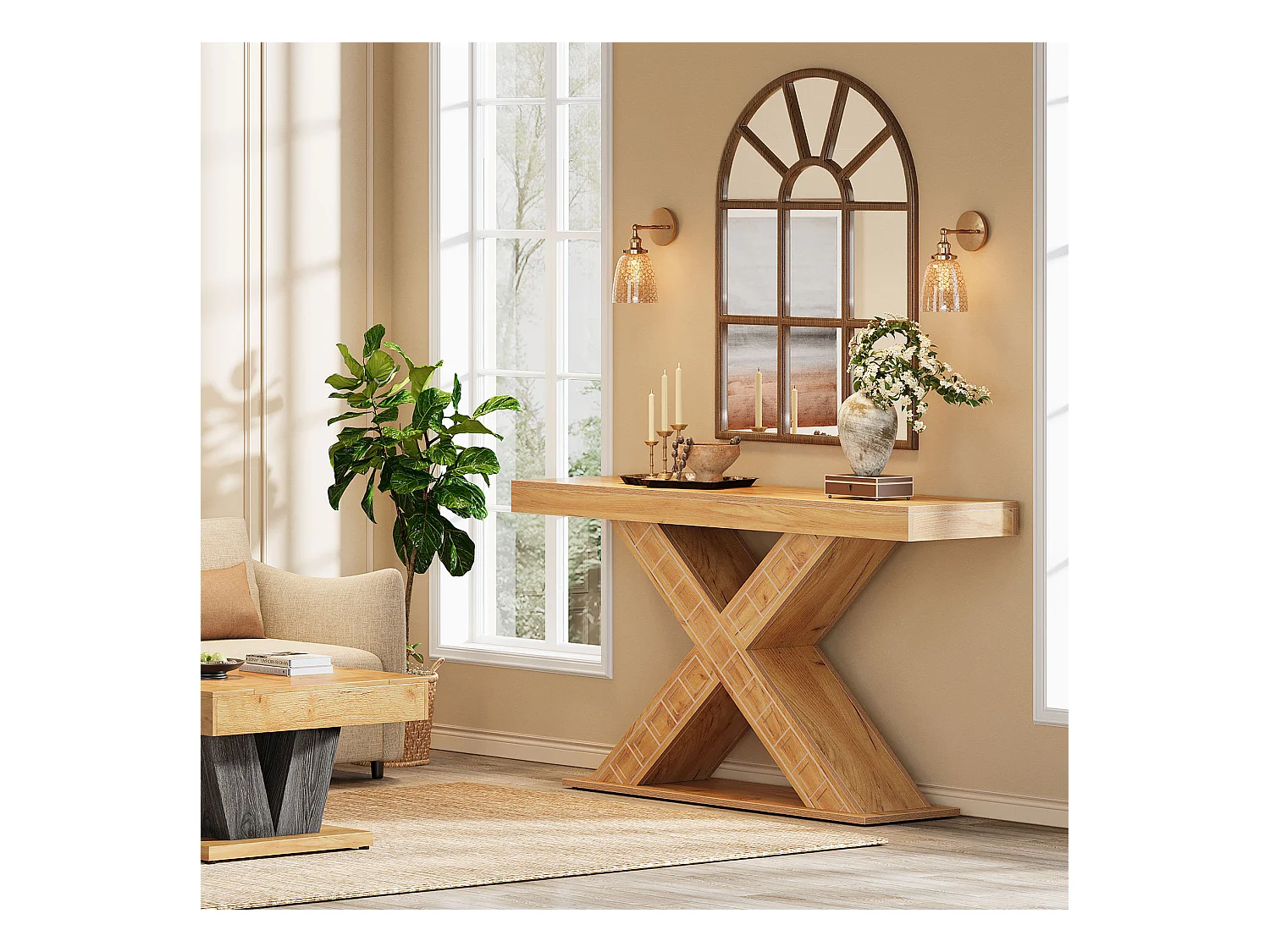 Table console étroite de 140 cm avec base géométrique pour entrée, couloir, foyer, salon