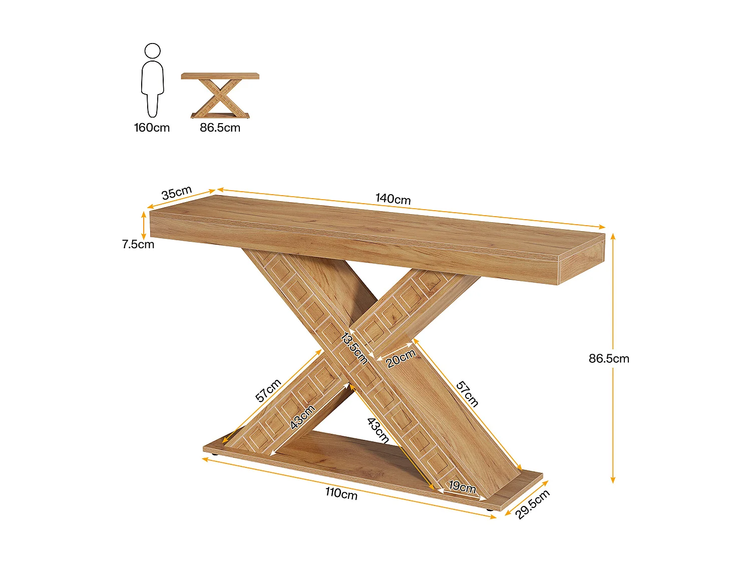 Table console étroite de 140 cm avec base géométrique pour entrée, couloir, foyer, salon