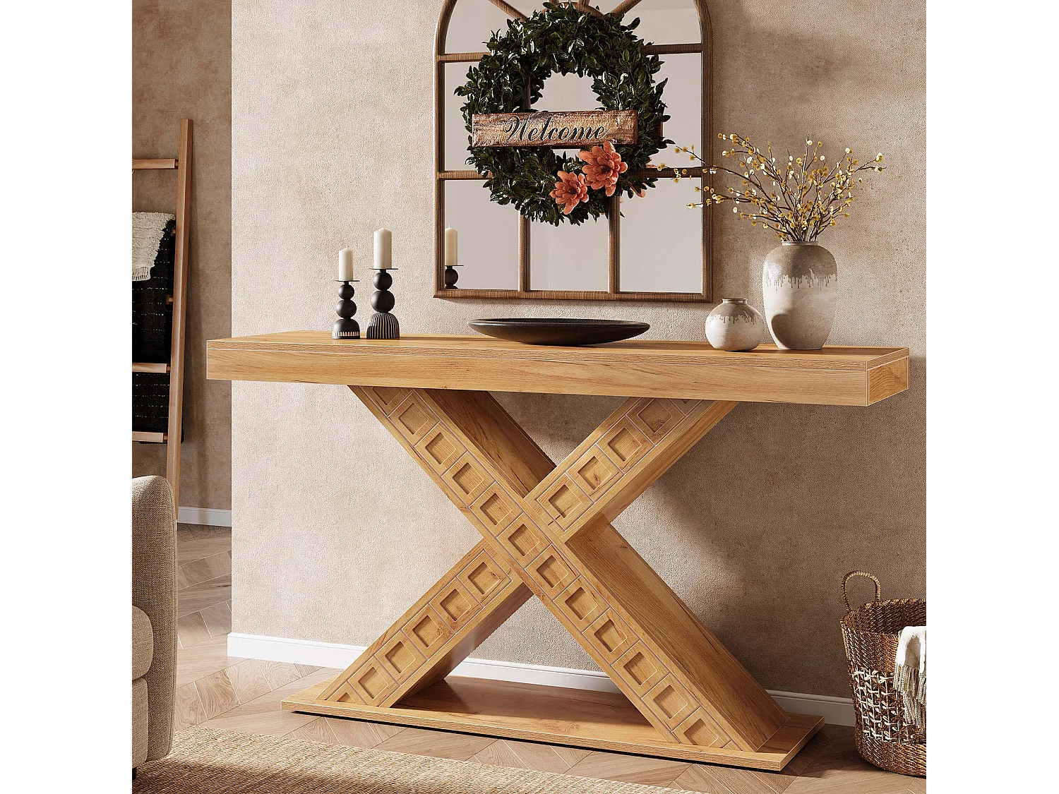 Table console étroite de 140 cm avec base géométrique pour entrée, couloir, foyer, salon